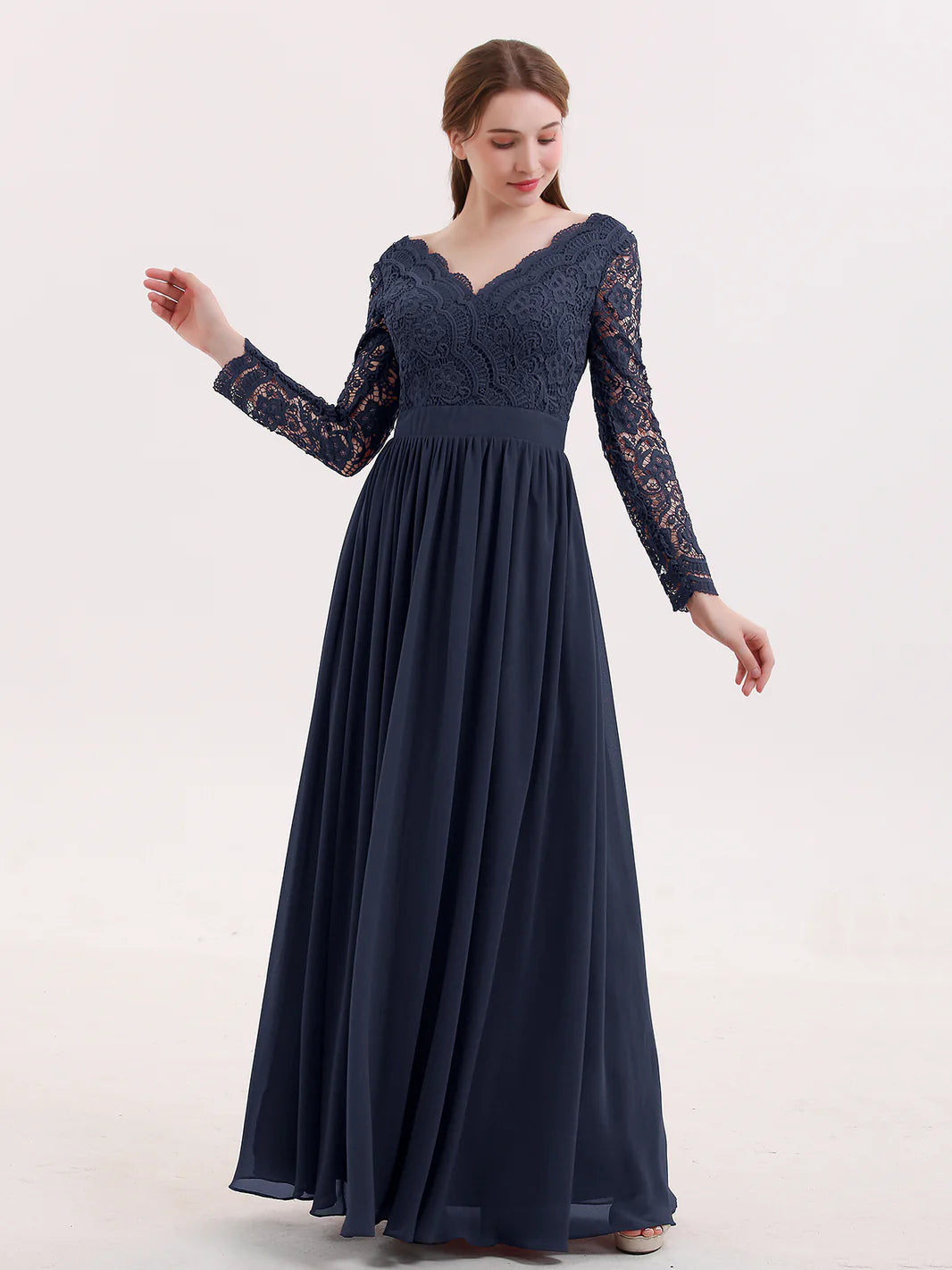 V Neck Lace And Chiffon Dress With Long Sleeves Dark Navy