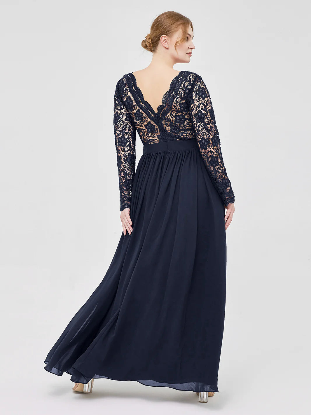 V Neck Lace And Chiffon Dress With Long Sleeves Dark Navy