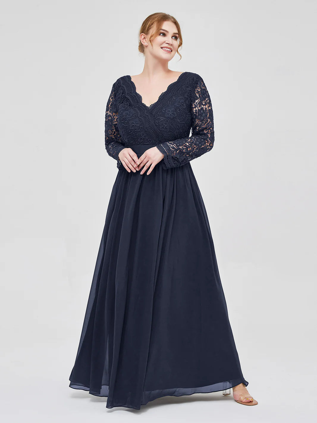 V Neck Lace And Chiffon Dress With Long Sleeves Dark Navy