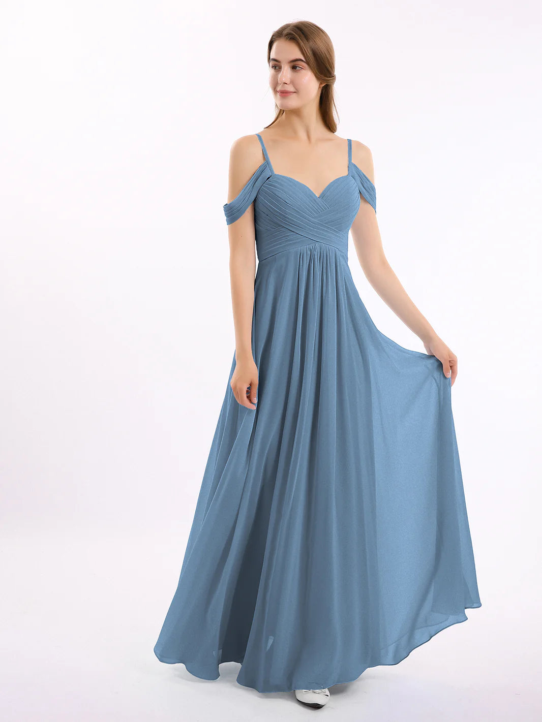 Off Shoulder Spaghetti Strap Chiffon Dresses Slate Blue