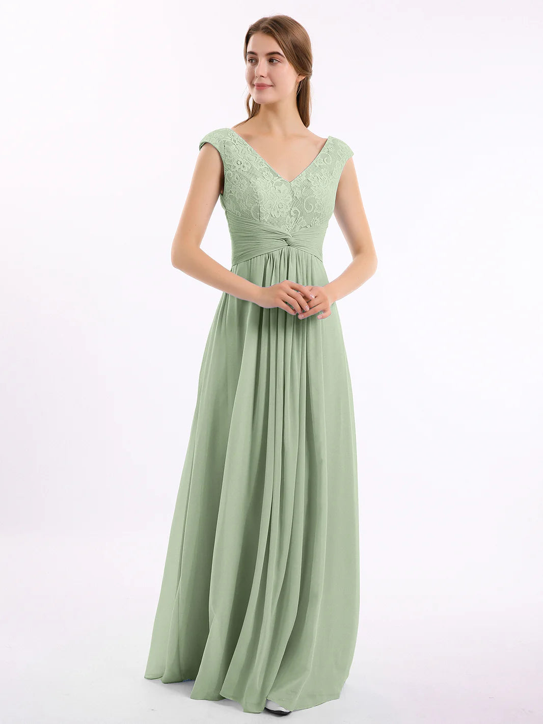 Cap Sleeves Chiffon And Lace Dress With V NECK Dusty Sage