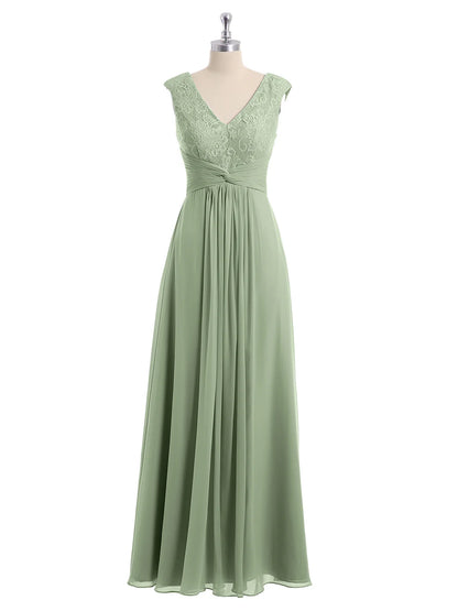 Cap Sleeves Chiffon And Lace Dress With V NECK Dusty Sage