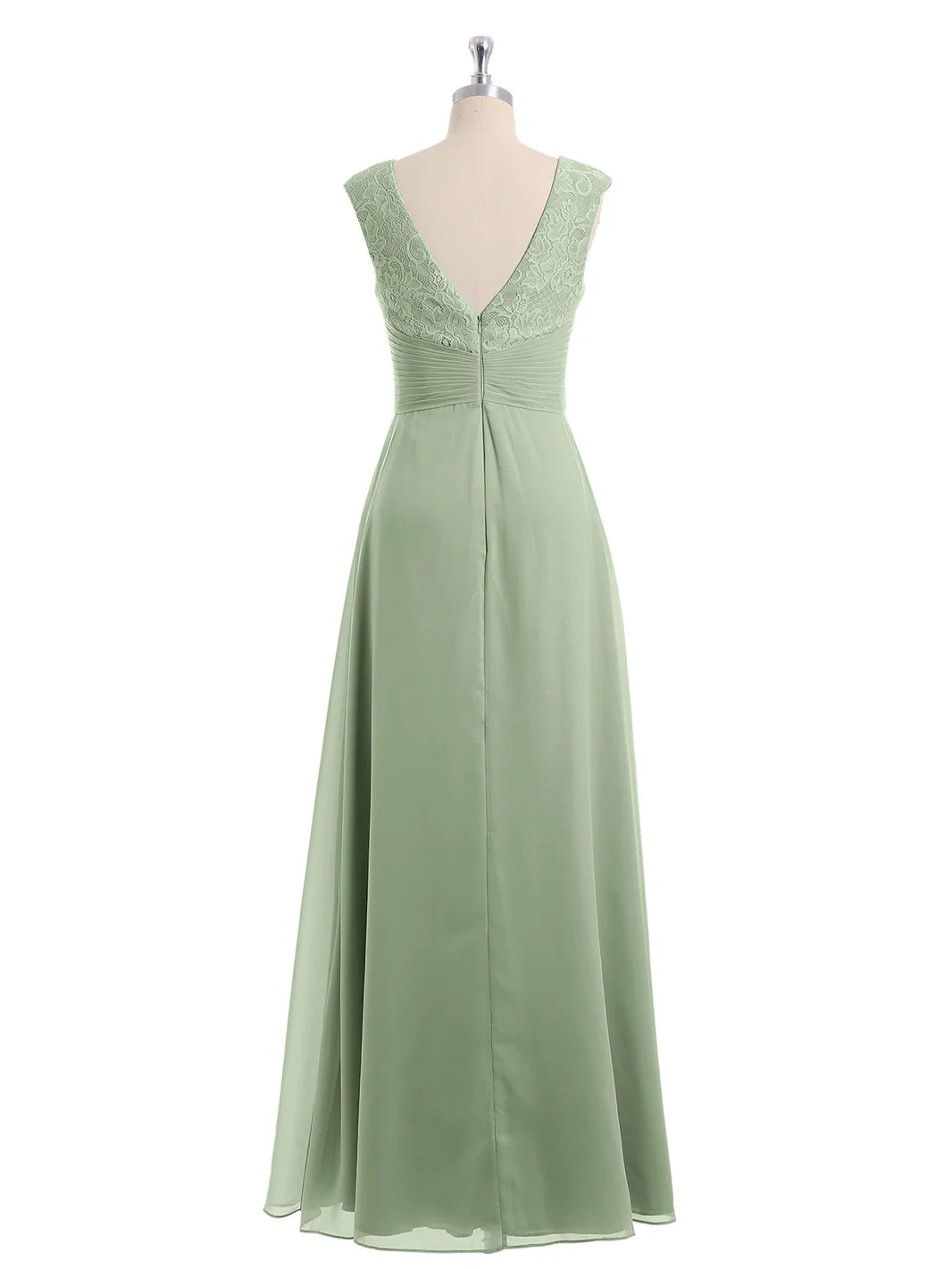 Cap Sleeves Chiffon And Lace Dress With V NECK Dusty Sage