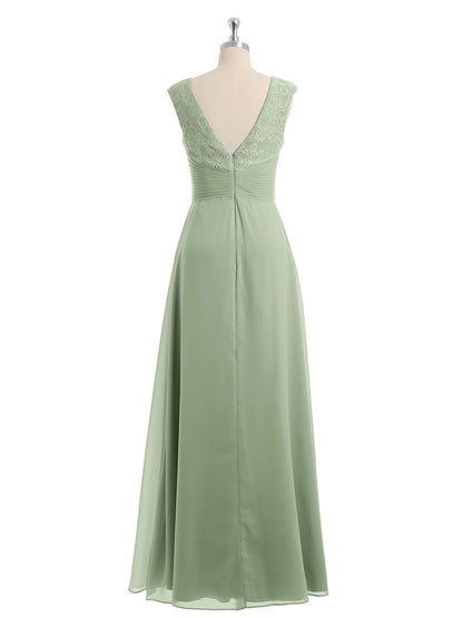 Cap Sleeves Chiffon And Lace Dress With V NECK Dusty Sage