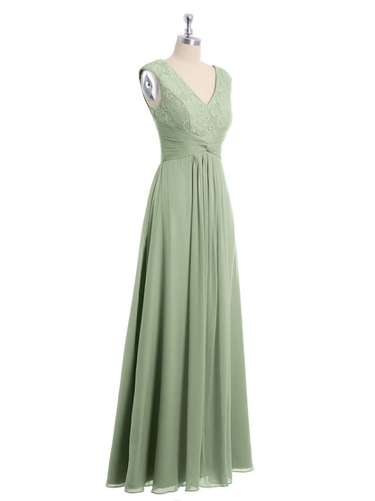 Cap Sleeves Chiffon And Lace Dress With V NECK Dusty Sage