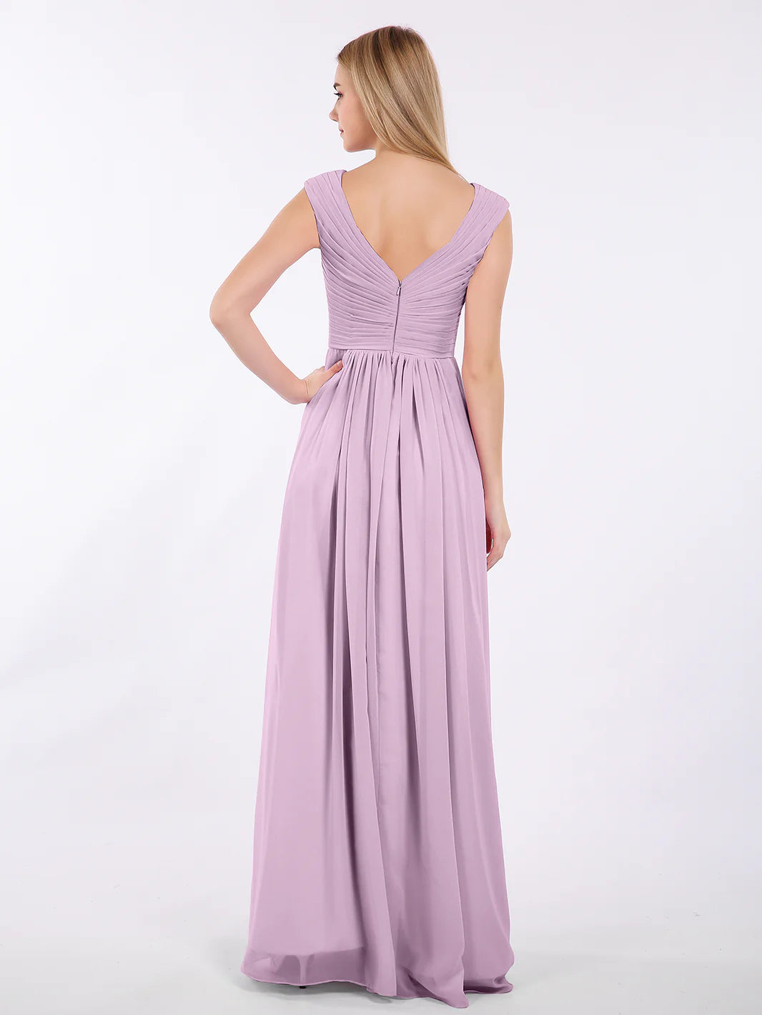 V Neck Chiffon Gown With Cap Sleeves Wisteria