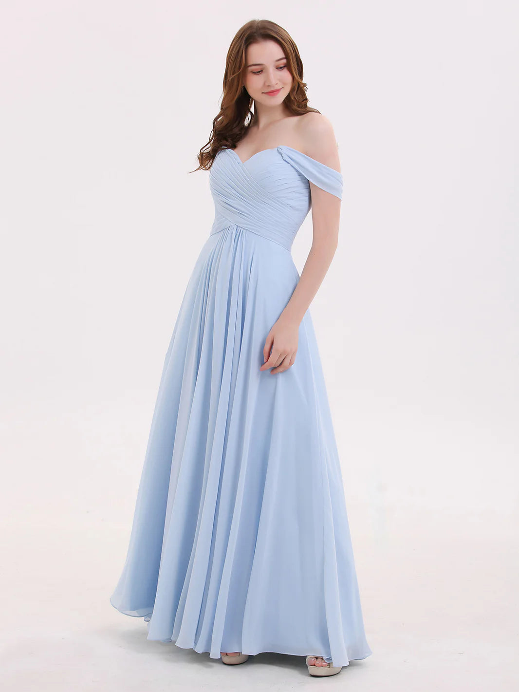 Off The Shoulder Empire Bridesmaid Dresses Sky Blue