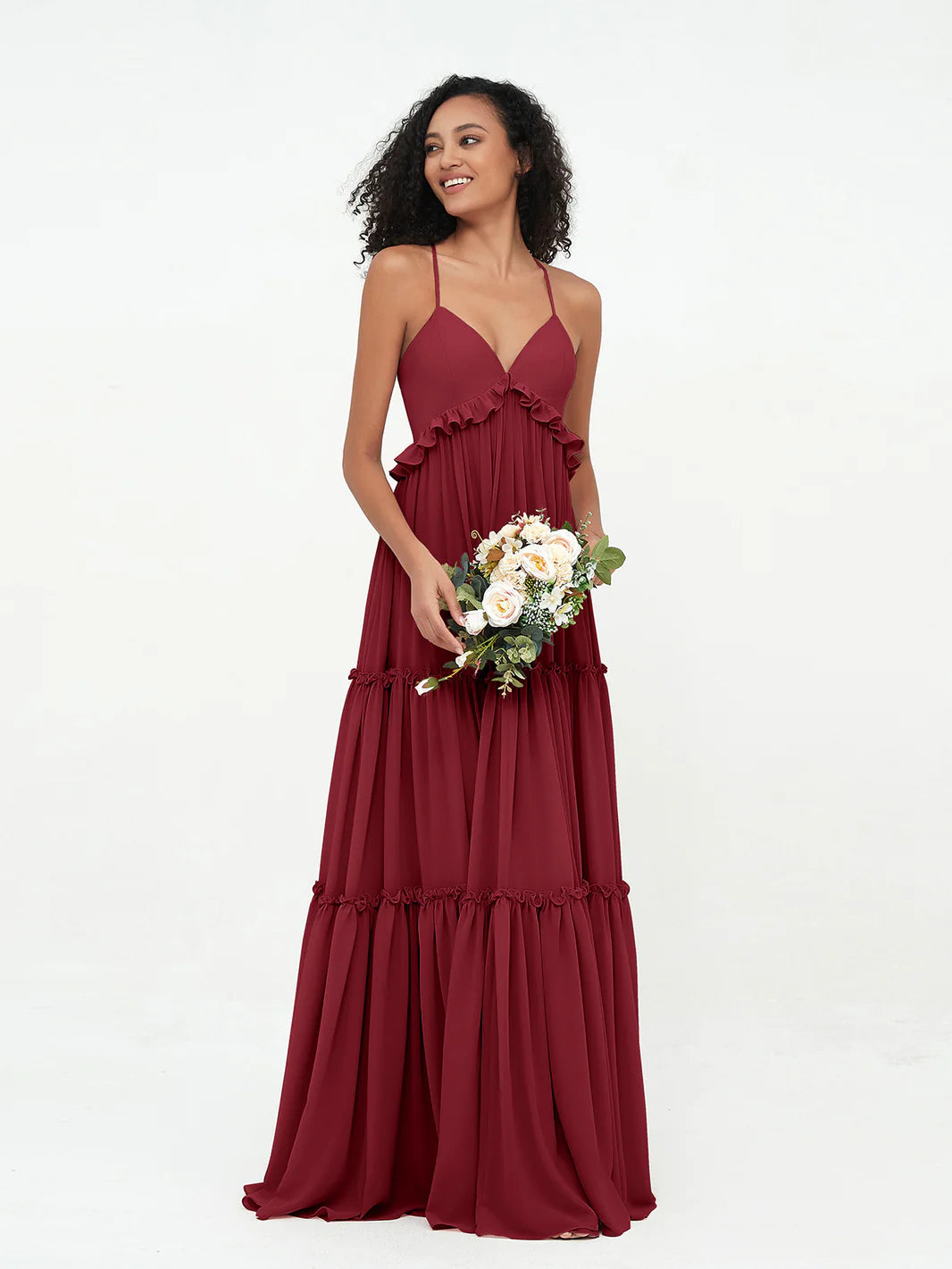 Empire Chiffon Tiered Skirt Max Bohemian Dresses-BURGUNDY