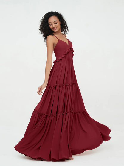 Empire Chiffon Tiered Skirt Max Bohemian Dresses-BURGUNDY