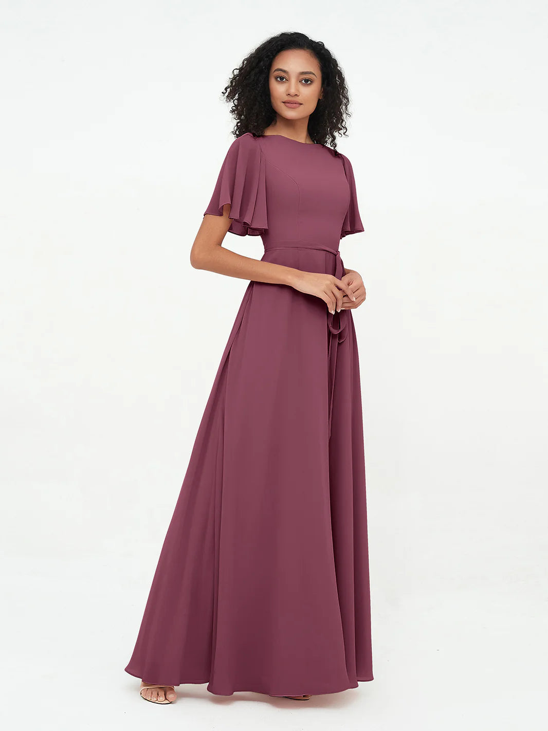 Flutter Sleeves Chiffon Max Dresses With Sash Bow-Mulberry