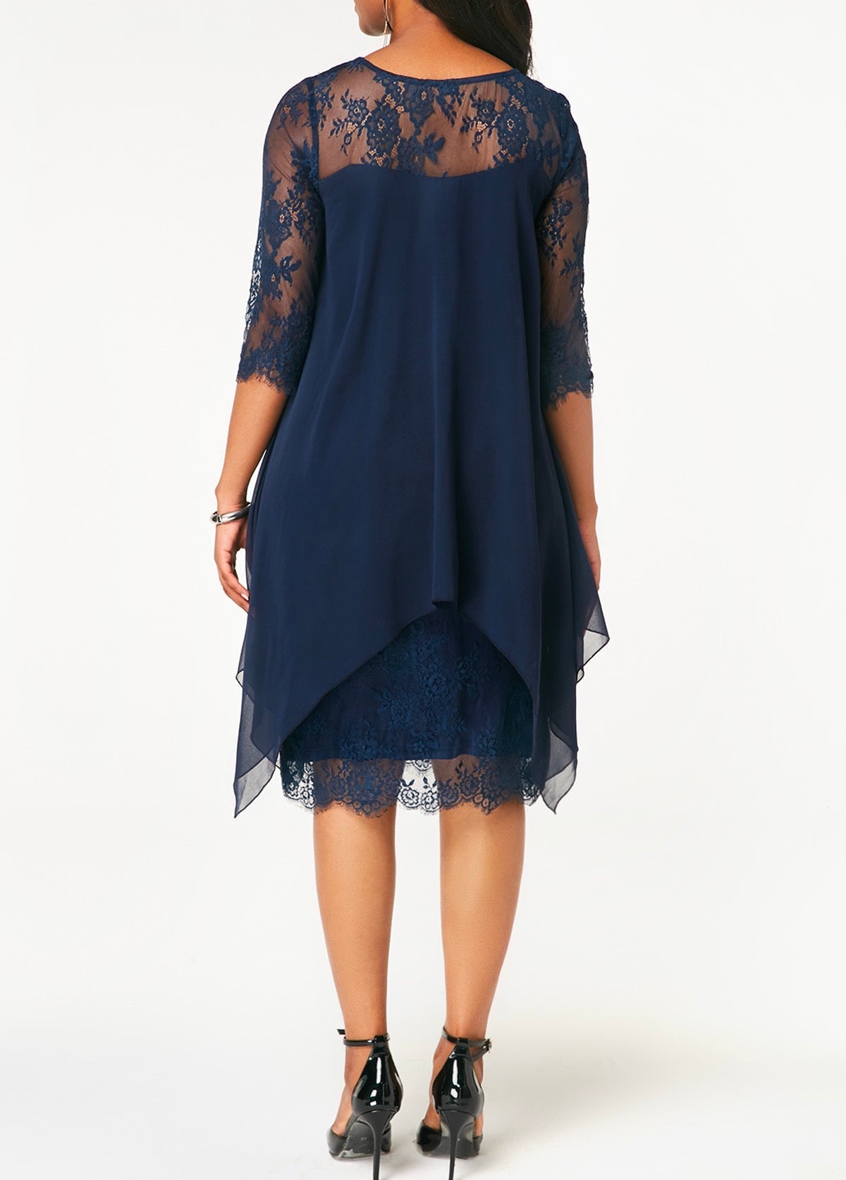 Three Quarter Sleeve Chiffon Overlay Navy Blue Lace Dress