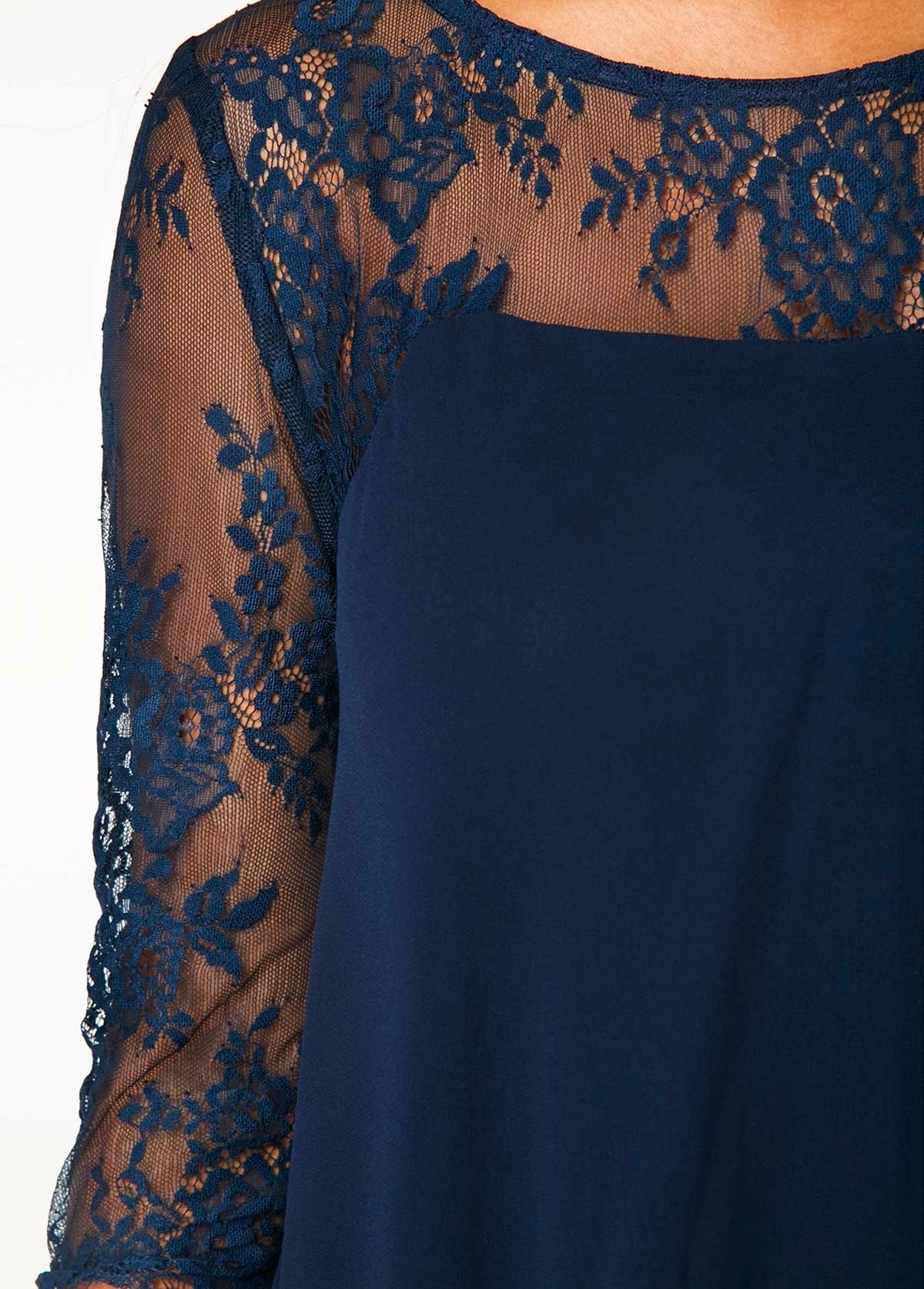 Three Quarter Sleeve Chiffon Overlay Navy Blue Lace Dress