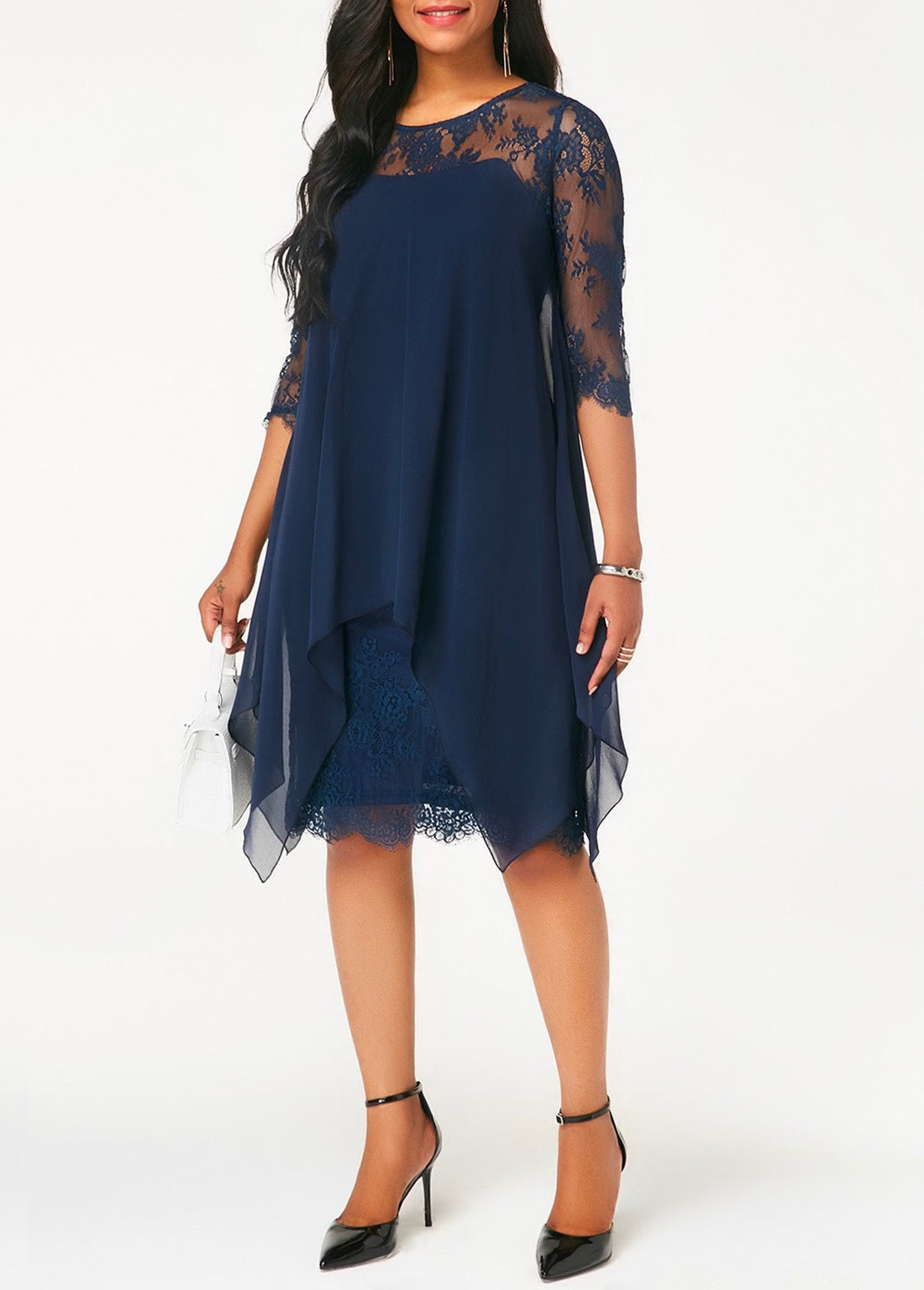 Three Quarter Sleeve Chiffon Overlay Navy Blue Lace Dress