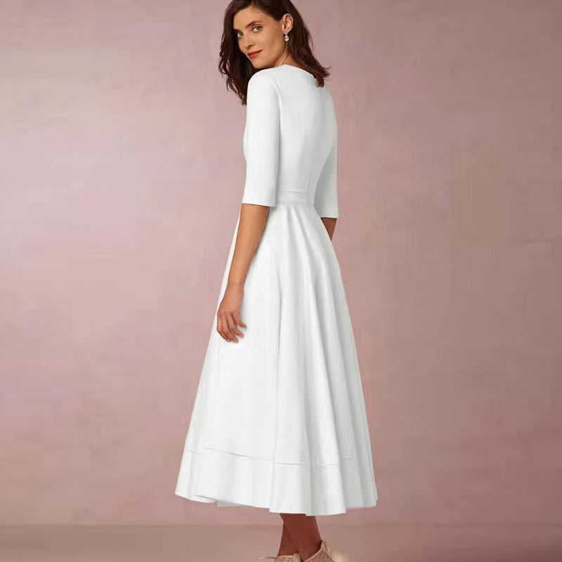 Elegant solid color v-neck midi dress