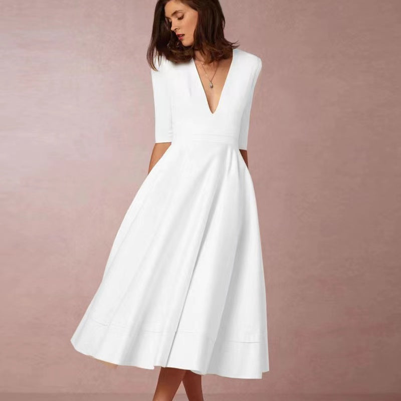 Elegant solid color v-neck midi dress