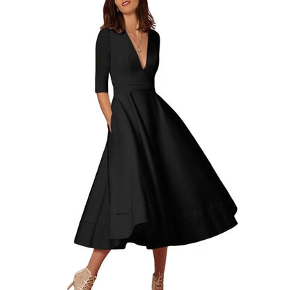 Elegant solid color v-neck midi dress